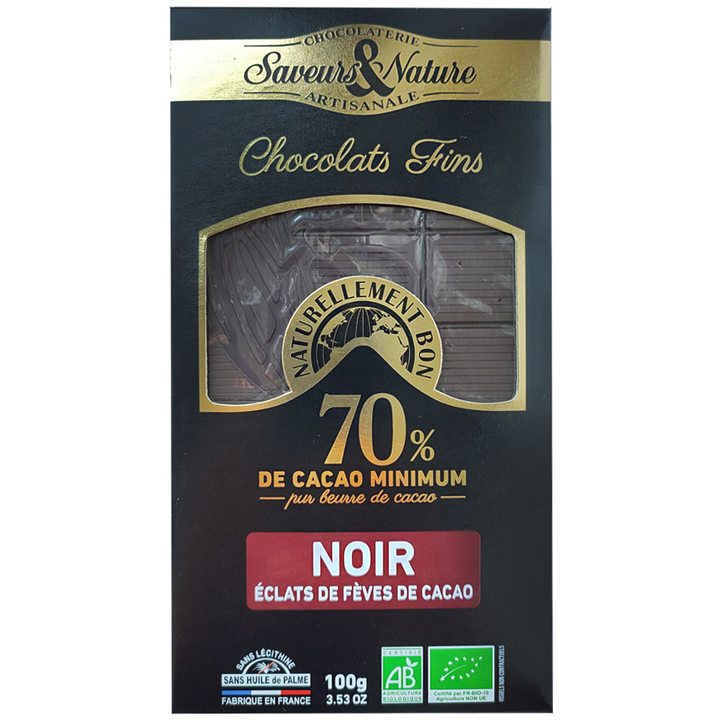 Био шоколад черен 70% какао с какаови зърна 100г